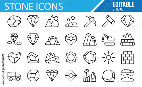 Collection of stone icons representing various rocks, minerals, gemstones, and mining equipment in a simple line art style.