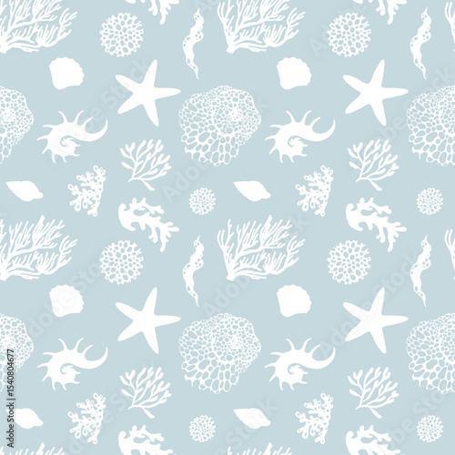 Seamless vector pattern with white silhouettes of seashells and corals on a blue background. Ideal for marine, ocean, and beach-themed designs. Perfect for textiles, wallpapers, and digital prints.