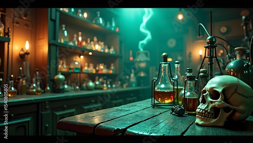 Victorian Mad Scientist Laboratory with Glowing Beakers and Skull