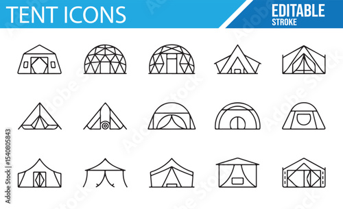 Flat design of camping tents with various shapes like geodesic dome and traditional teepee.