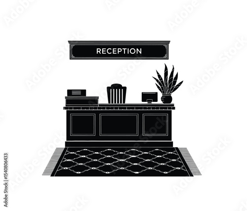 Reception desk with carpet vector in black color on white background.