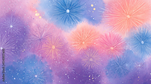 July 4th fireworks in watercolor background 