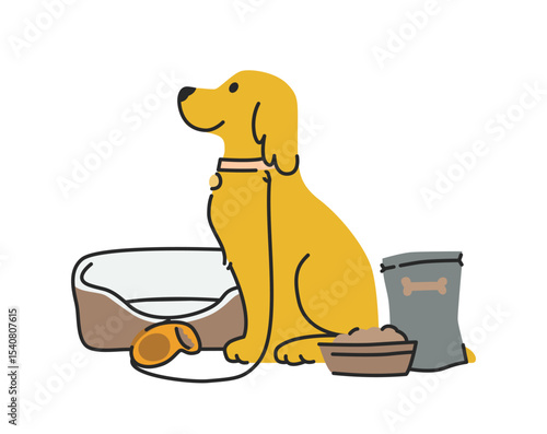 Cute, charming dog surrounded by various pet products: bed, pack of food, collar and leash. Sitting labrador. Modern cartoon style. Isolated hand drawn vector illustration.
