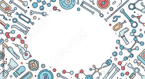 A Collection of Various Tools and Chemical Molecules Arranged around Empty Oval Space