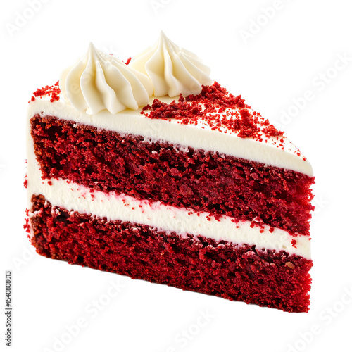 Decadent red velvet cake slice adorned with creamy frosting presented on transparent background