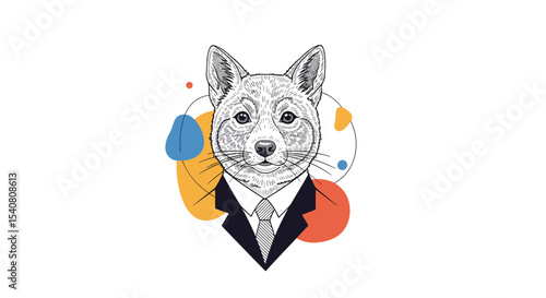 An Illustrated Dog Head in a Suit with Abstract Geometric Shapes Background