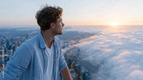 Man above clouds with NYC sunrise, and cityscape view.