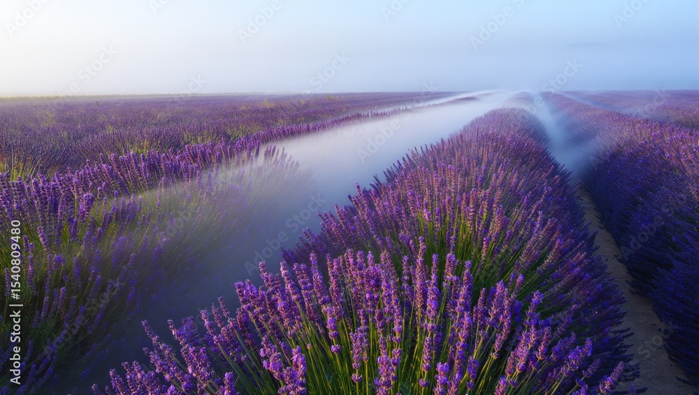 Obraz premium An aerial view reveals a stunning lavender field blooming under the morning sky, covered in mist.