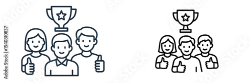 Celebrating success with a trophy and friends in a cheerful, collaborative atmosphere