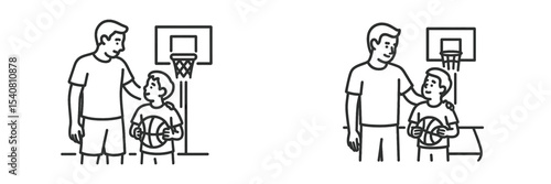 Coach teaches young player basketball fundamentals at a gym during afternoon practice