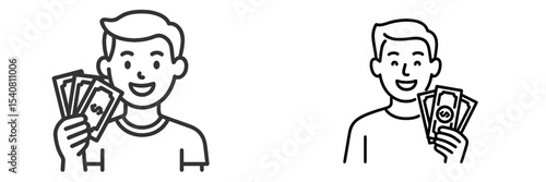 Men displaying cash and currency notes while smiling in a simple, illustrative format