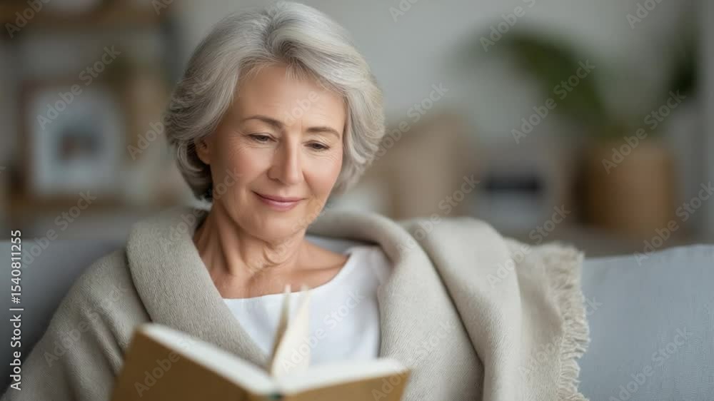Elderly woman reading a book on a cozy sofa in a warm living room Elderly woman reading a book on a cozy sofa in a warm living room