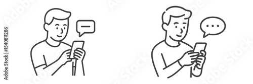 Two illustrations of a person engaged in mobile texting activity in a casual setting