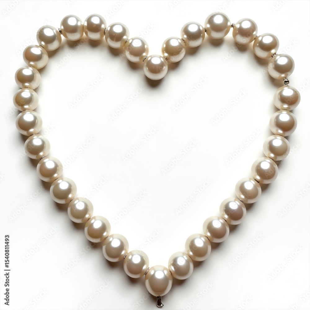 Obraz premium Elegant heart shaped pearl necklace on white backdrop. Classic jewellery design. Beads create symbol of love. Perfect gift idea for Valentine day. Wedding, engagement accessory.