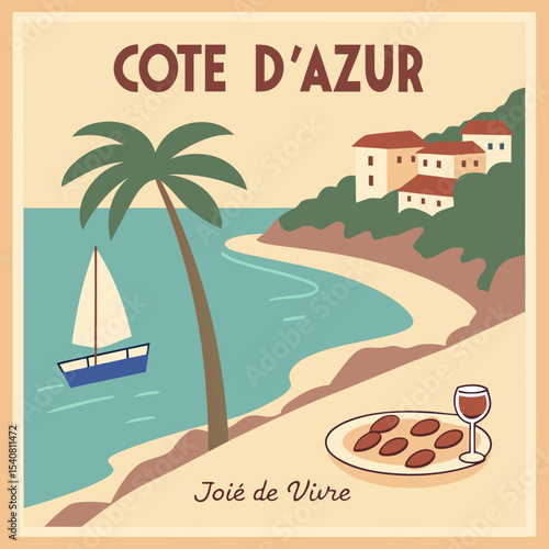 French Riviera Coastal Scene Palm Tree Sailboat Houses