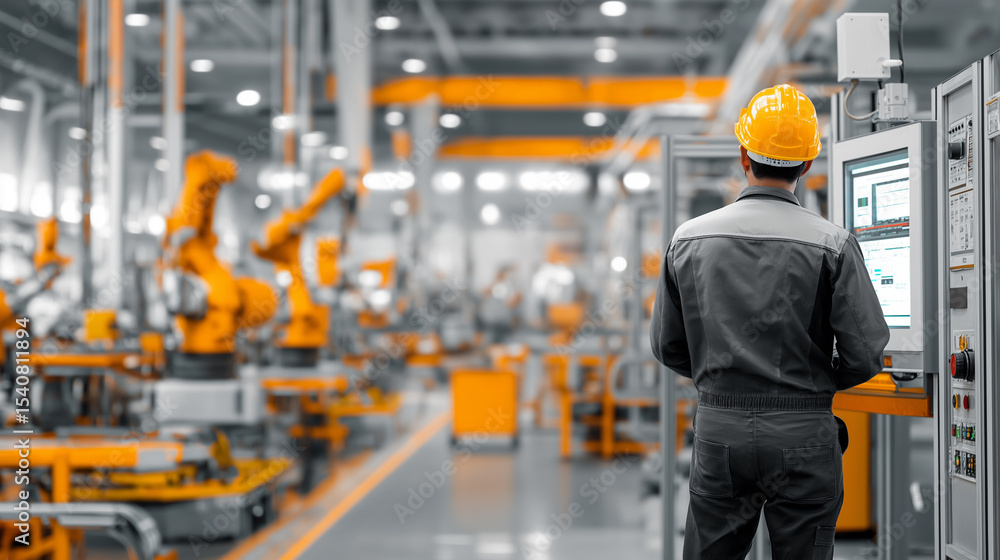 Factory worker operating control panel in automated industrial production facility.
Factory worker operating control panel in automated industrial production facility.
