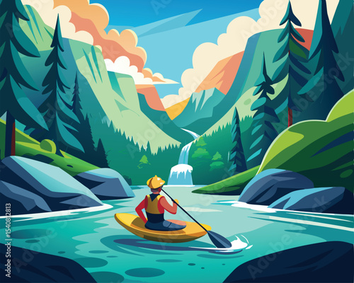 Adventurous kayaker paddling through crystal clear lake and beautiful valley vector art design 