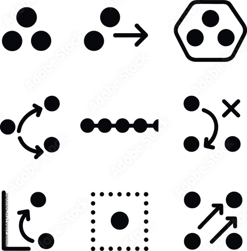 Tactical icons for team sports strategy. Black geometric pictograms showing offensive and defensive formations and plays.