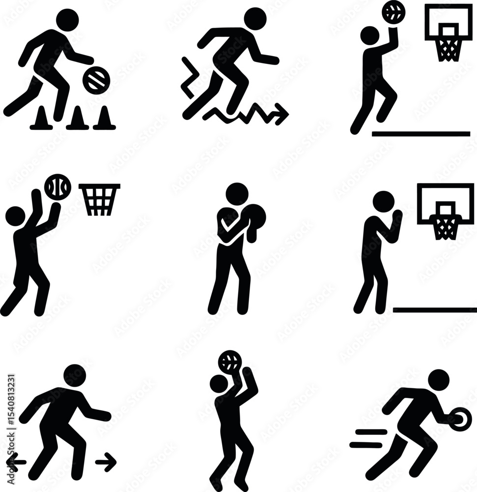 Fototapeta premium Basketball motion icons featuring players shooting, dribbling, dunking, and jumping in black minimal athletic silhouette.