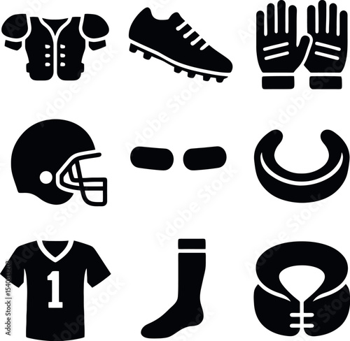 Minimal black icons of football gear set including gloves, helmet, cleats, jersey, socks, shoulder protection, and mouth guards.