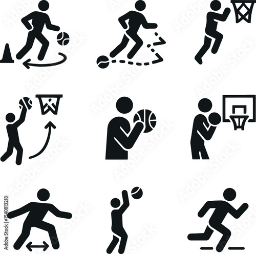 Basketball training icons of player shooting, dribbling, jumping, running and guarding in black silhouette for athletic action concepts.