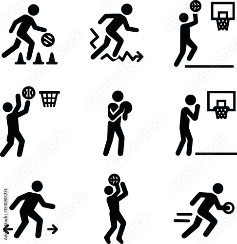 Basketball motion icons featuring players shooting, dribbling, dunking, and jumping in black minimal athletic silhouette.