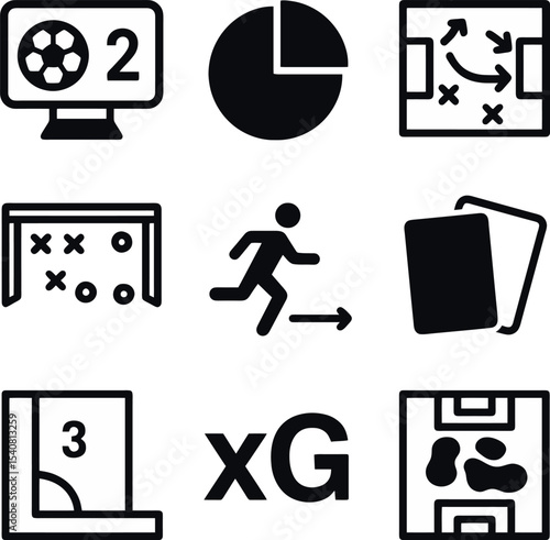Soccer infographic icons including scoreboard, pie chart, strategy, expected goals, player stats, and field heatmap in solid black style.