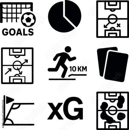 Soccer data and performance icons including goal chart, pie graph, player distance, red card, xG and corner tactics in minimal black vector.