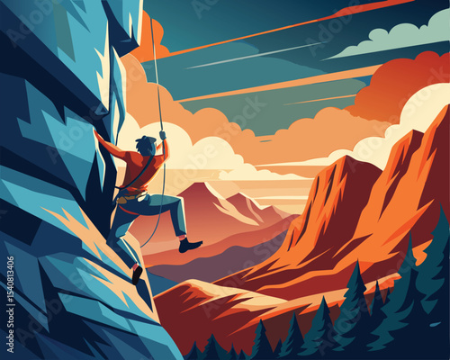 Athlete rock climbing a steep cliff face with highlighted color vector art set design 