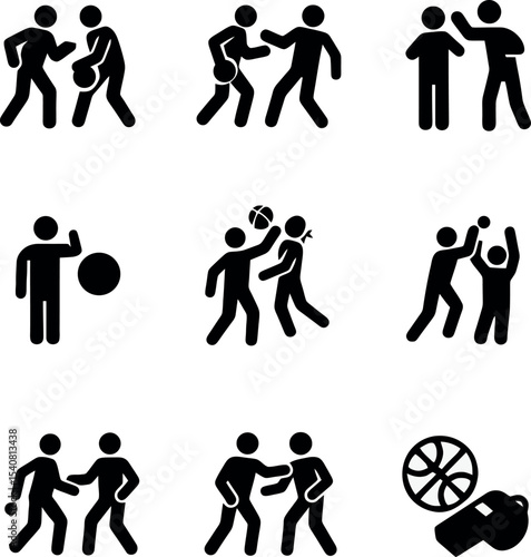 Basketball defense icon set showing players guarding, blocking and intercepting. High contrast black icons on white for team sports and strategy visuals.