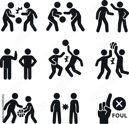 Basketball foul and conflict icon set showing violations, gestures, and warnings. Bold vector graphics with expressive body language on clean background.