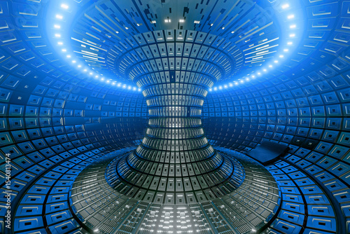 Interior view of a futuristic tokamak fusion reactor with glowing blue lights