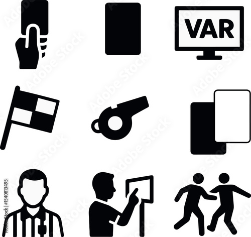 Soccer referee and VAR icon set including red cards, whistle, assistant gestures, and video review. Strong black vector symbols for match officiating.