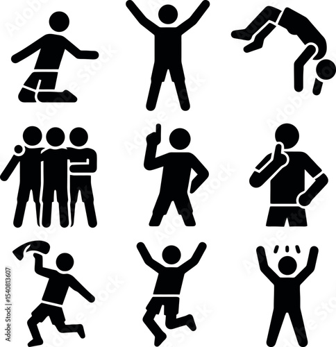 Soccer celebration icon set featuring various victory gestures, team unity, and emotional reactions.