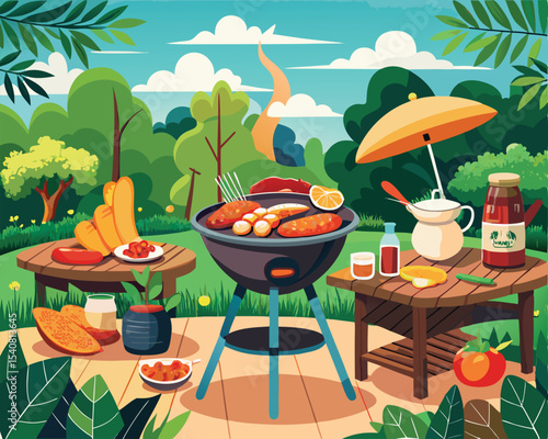 Australian bbq scene with sizzling grill in natural landscape vector art design 