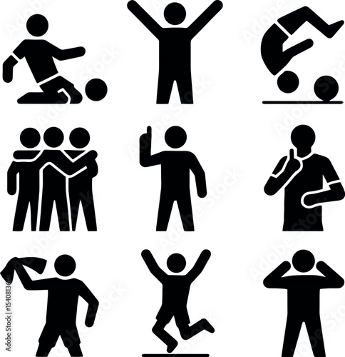 Soccer celebration and emotion icons including jumps, hugs, gestures, and reactions to game events.