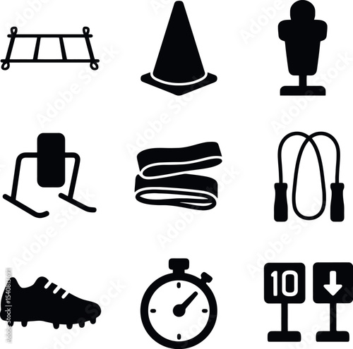 Black icon set of sports training tools including cones, hurdles, stopwatch, ladder, rope and measurement sign.
