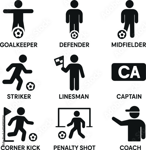 Soccer player role icons with labels including goalkeeper, striker, referee, and coach.