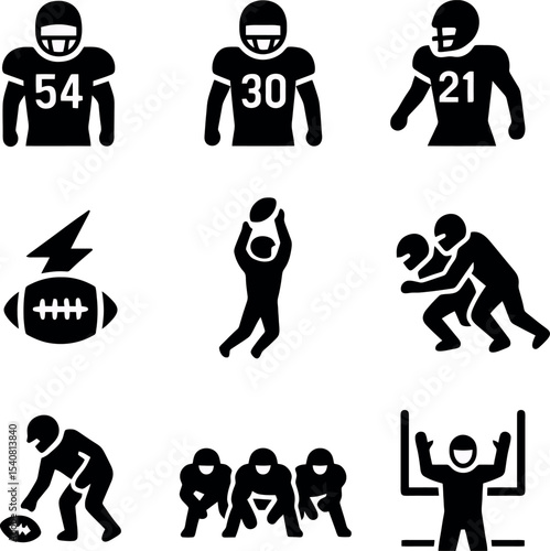 American football player numbers and action icons with catching, blocking, and field goal symbols.