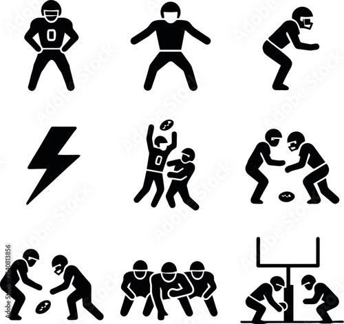 American football action icons with players tackling, catching, lightning bolt, and goalpost.