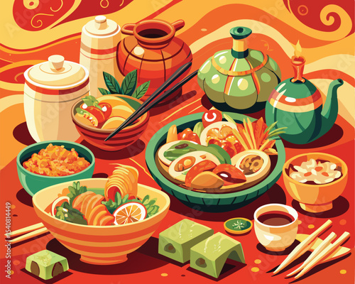 Authentic Chinese dishes beautifully plated on traditional way vector art design 
