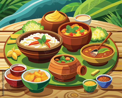 Burmese cuisine with traditional dishes food vector art design 