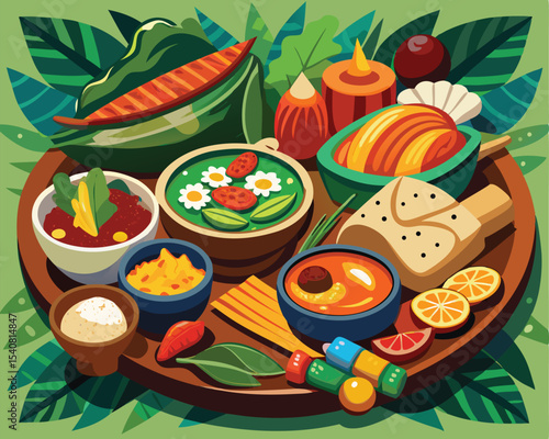 Filipino dishes beautifully arranged on tropical leaf vector art design 