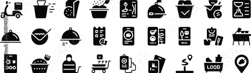 Monochrome Food Delivery Service Icon Set – Vector Delivery, Takeout, Meal Packaging, and Restaurant Service Symbols for Digital Delivery Apps and Services