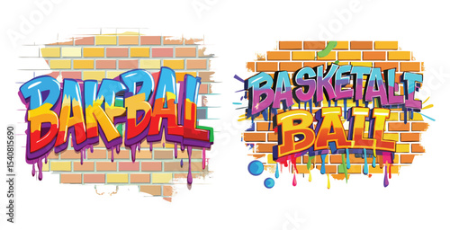 Vibrant bold graffiti style lettering spelling basketball on wall vector art set design