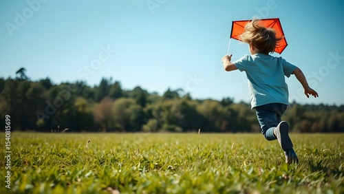 A joyful child runs freely across a sunny field, holding a bright kite with excitement and laughter.