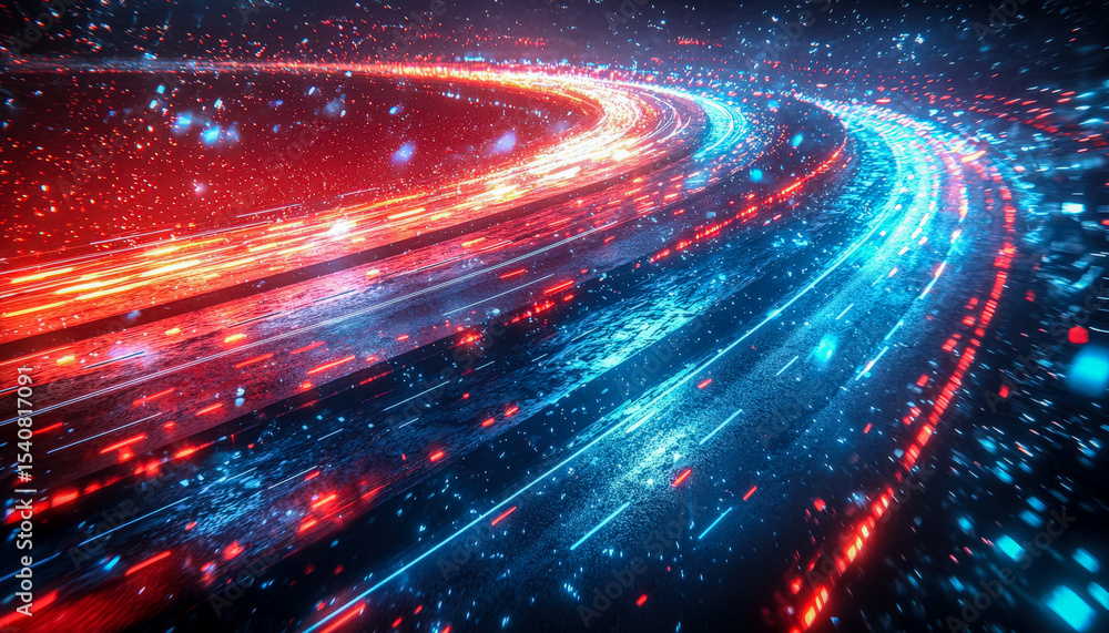 Fototapeta premium Futuristic cityscape with glowing streaks of light and digital data motion
