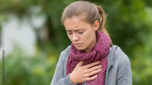 A caucasian woman in knitted scarf clutches her chest with pained expression outdoors. Concept of respiratory illness and health awareness.