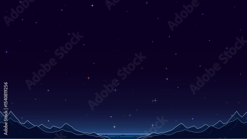 simple stylized vector space illustration of a Tranquil Lake Beneath a Vivid Starry Sky in dark blueish modern tones designed for a PowerPoint slide to be used as a background