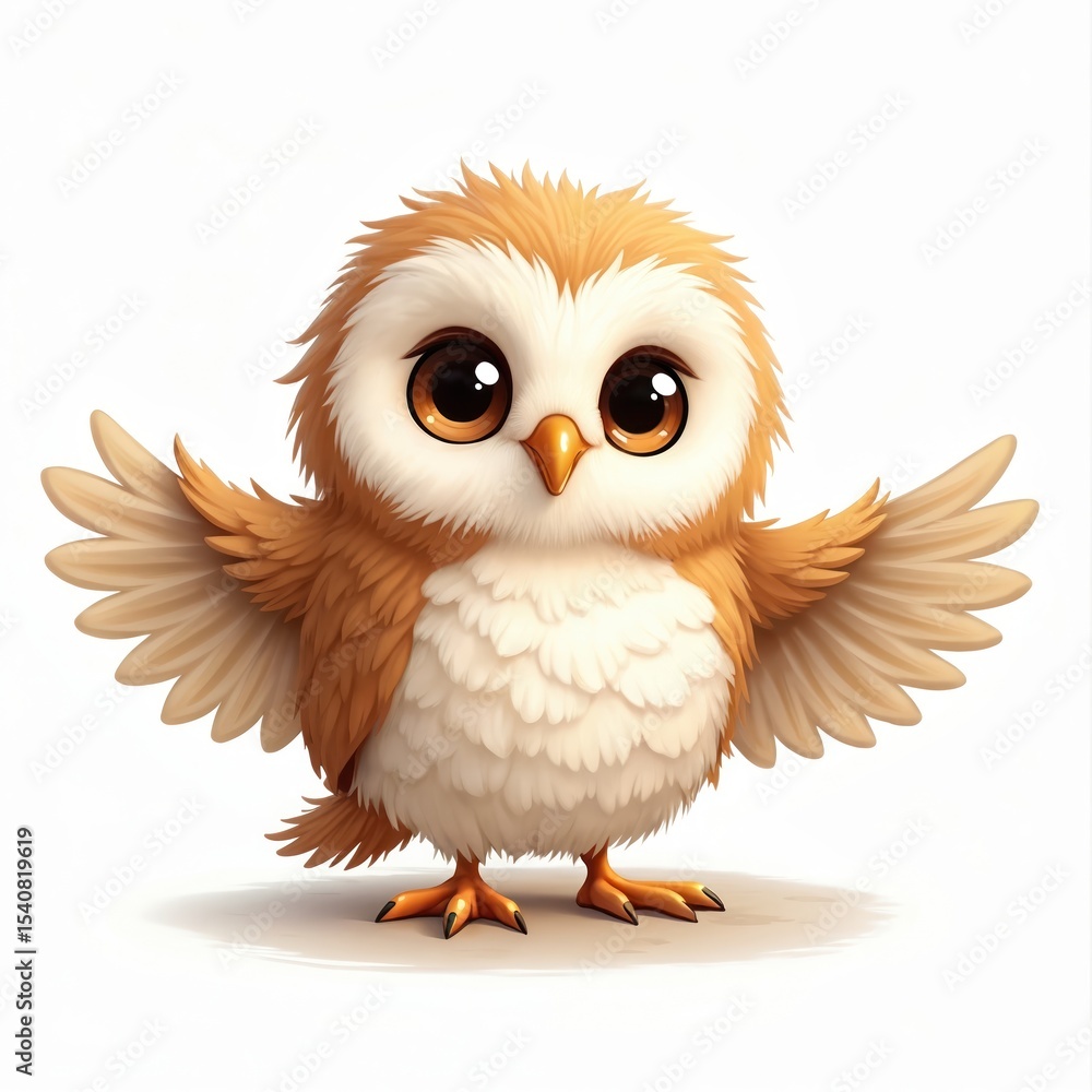 Obraz premium Adorable fluffy owl illustration spreads wings. Cartoon character has big eyes, soft feather texture. Cute baby bird animal. Welcoming gesture for greeting card design, kid book cover.